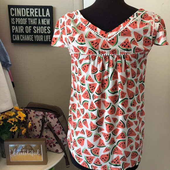 Anthropologie Watermelon Print Short Sleeve V-Neck Top - Coral, White, Green - Picture 4 of 5